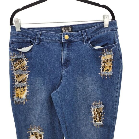 A.Z.I Womens Distressed Skinny Jeans Sz 10 Stretch Blue Denim Gold Patchwork - Picture 5 of 10